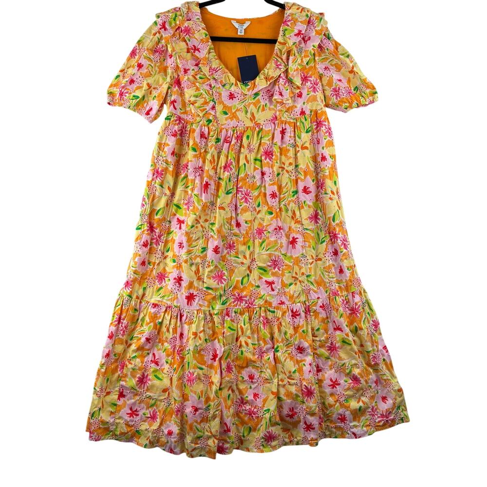 Crown & Ivy Puff Sleeve Midi Dress Womens XS Mango Petal Floral Eyelet Lined NWT
